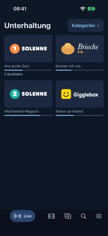 IPTV-Sender live in Velaria Player auf dem iPhone
