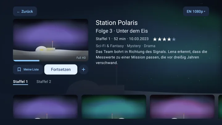 Serienseite in Velaria Player auf Android TV mit der Fortsetzen-Taste