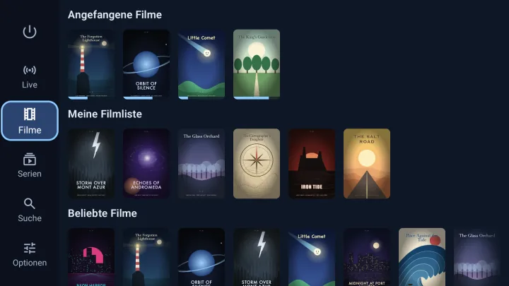 Velaria Player auf einem Android-TV-Fernseher: angefangene Filme, Meine Liste und beliebte Filme eines IPTV-Abonnements