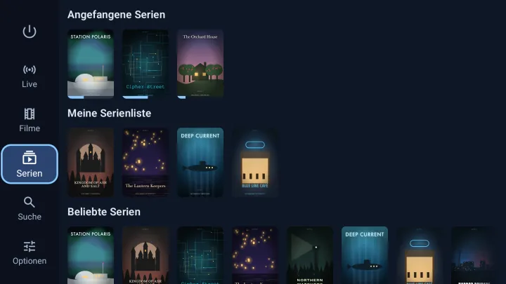 Serienseite von Velaria Player auf Google TV: angefangene und beliebte Serien