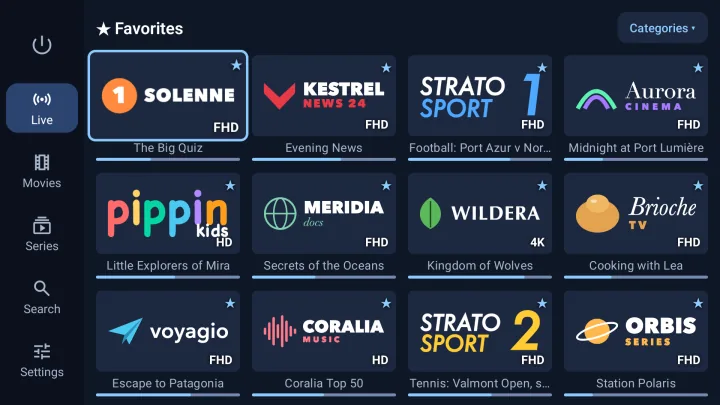 Velaria Player Live screen: favourite IPTV channels with the programme on now