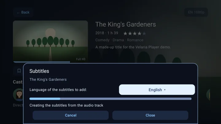 Velaria Player Subtitles window: subtitles being created from the audio track