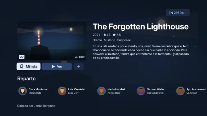 Ficha de una película en Velaria Player en Apple TV