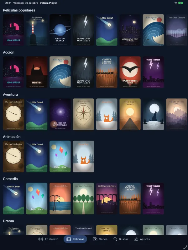 Velaria Player en iPad: películas empezadas y películas populares