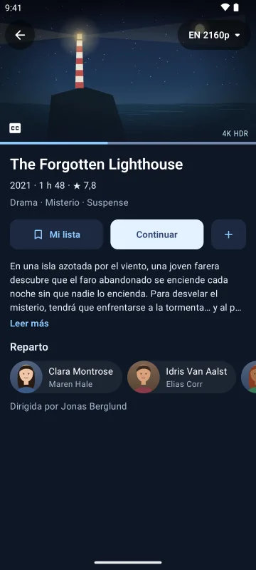 Ficha de una película en Velaria Player en un móvil Android