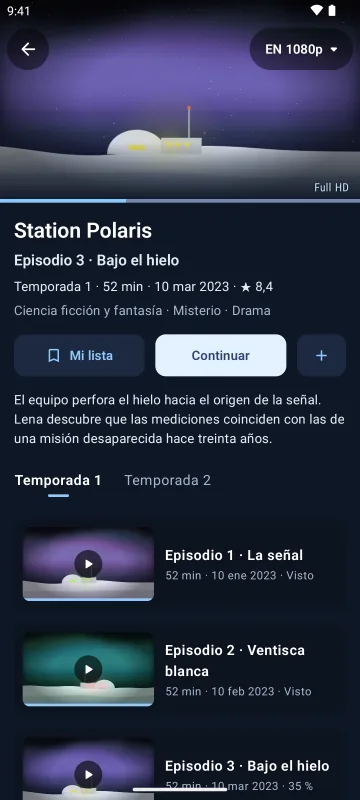 Ficha de una serie en Velaria Player en un móvil Android