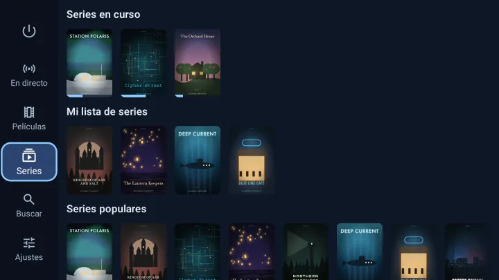 Página Series de Velaria Player en Google TV: series empezadas y populares