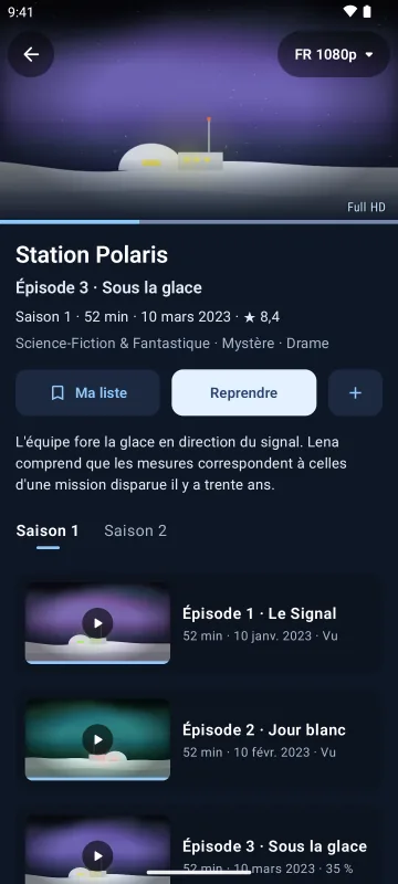 Fiche d'une série dans Velaria Player sur téléphone Android