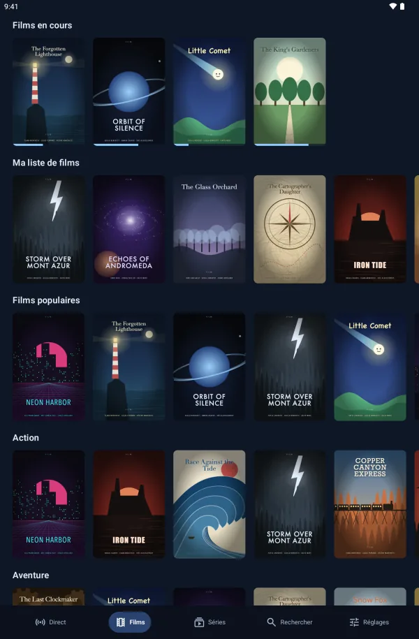 Velaria Player sur une tablette Android : films en cours et populaires