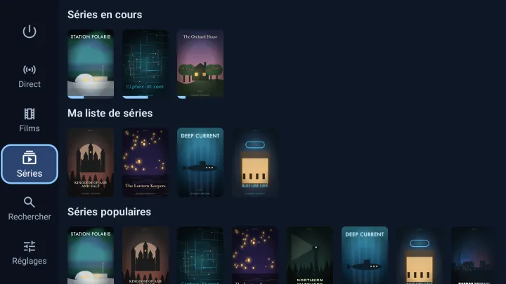 Page Séries de Velaria Player sur Google TV : séries en cours et populaires