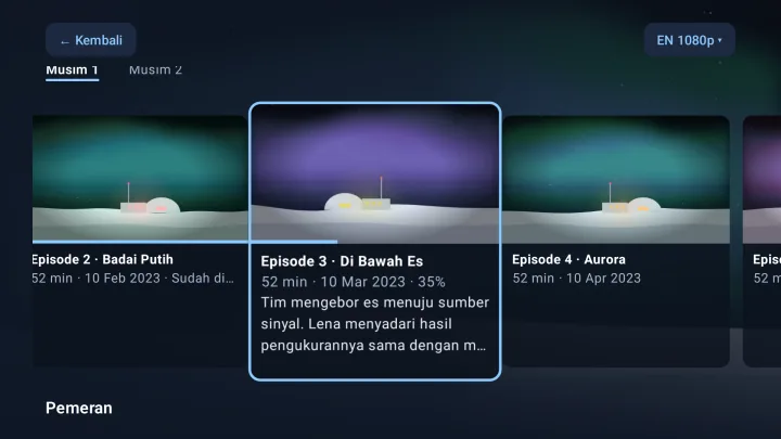 Episode sebuah serial di Velaria Player dengan kemajuan episode yang sedang ditonton