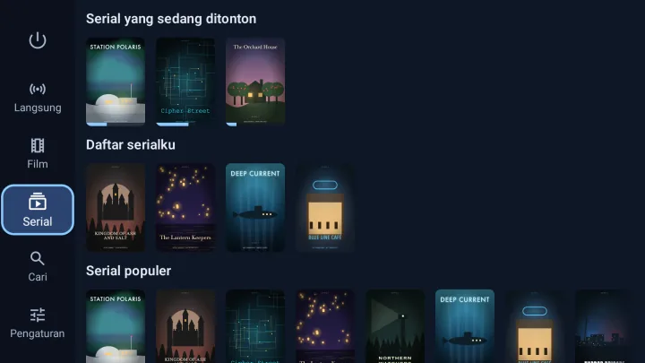 Halaman Serial Velaria Player di Google TV: serial yang sedang ditonton dan populer