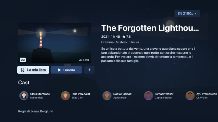 Scheda di un film in Velaria Player su Apple TV