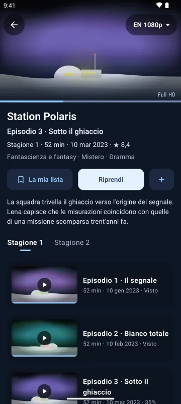 Scheda di una serie in Velaria Player su smartphone Android