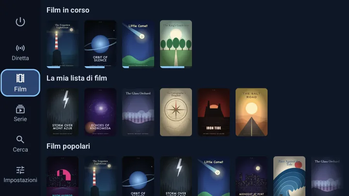 Velaria Player su una TV Android TV: film in corso, La mia lista e film popolari di un abbonamento IPTV