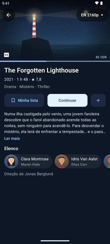 Ficha de um filme no Velaria Player num celular Android