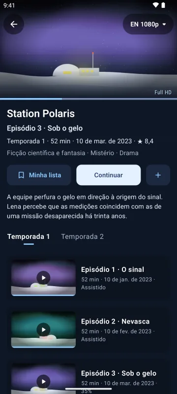 Ficha de uma série no Velaria Player num celular Android