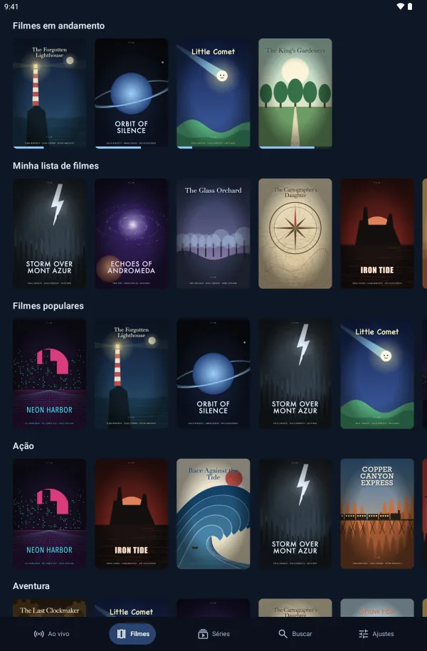Velaria Player num tablet Android: filmes em andamento e populares