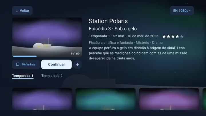 Ficha de uma série no Velaria Player no Android TV, com o botão Continuar