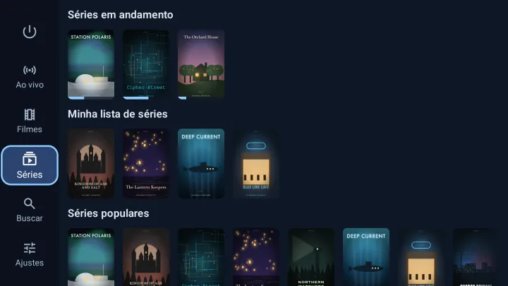 Página Séries do Velaria Player no Google TV: séries em andamento e populares
