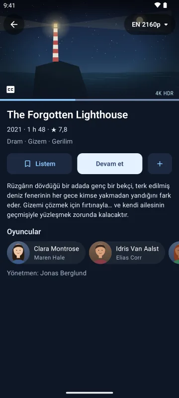 Android telefonda Velaria Player'da bir film sayfası