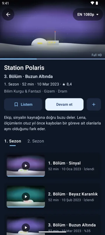 Android telefonda Velaria Player'da bir dizi sayfası