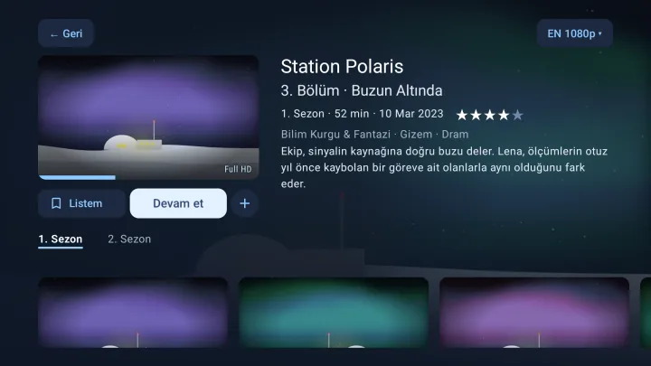 Android TV'de Velaria Player'da bir dizi sayfası ve Devam et düğmesi