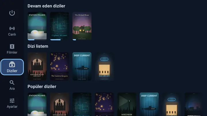 Google TV'de Velaria Player Diziler sayfası: yarım kalan ve popüler diziler